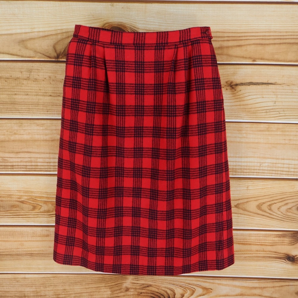 Pendleton Midi Skirt Womens Sz M Red Black Plaid 100% Wool Pleated Front Pockets